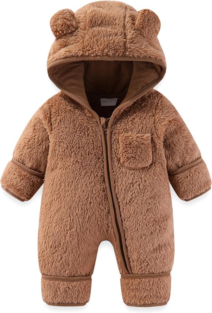 Newborn Baby Bear Outfit With Fold-Over Mittens and Footies Girls Boys Winter Fleece Clothes Hooded Romper Snowsuit